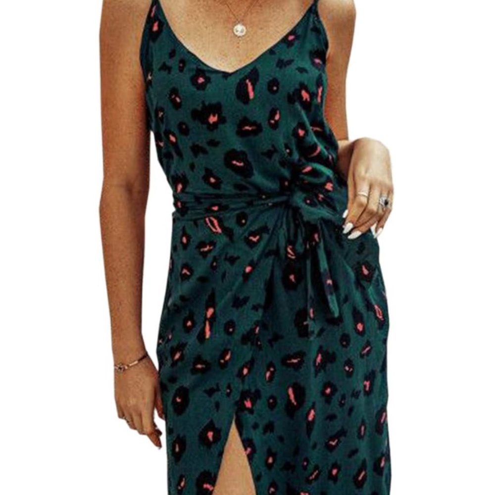 Sexy V Neck Spaghetti Strap Floral Leopard Printed Split Party Tulip Midi Dress